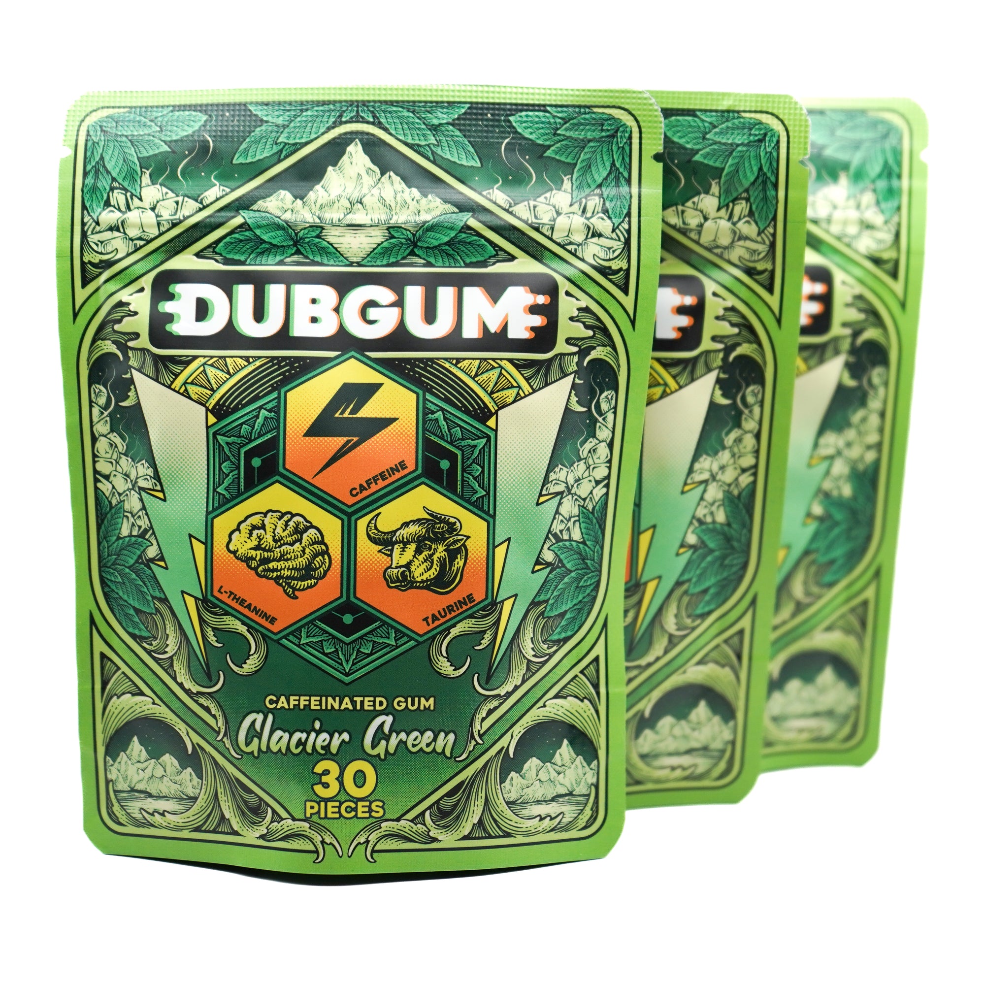 Green packaging of Dubgum caffeinated gum with mountain and nature design.