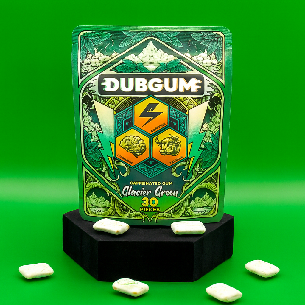 DUBGUM - Glacier Green | Spearmint Flavor Pouch 30 pieces, caffeine gum, L-theanine, Taurine, Vitamin B12 and B6, Energy boost