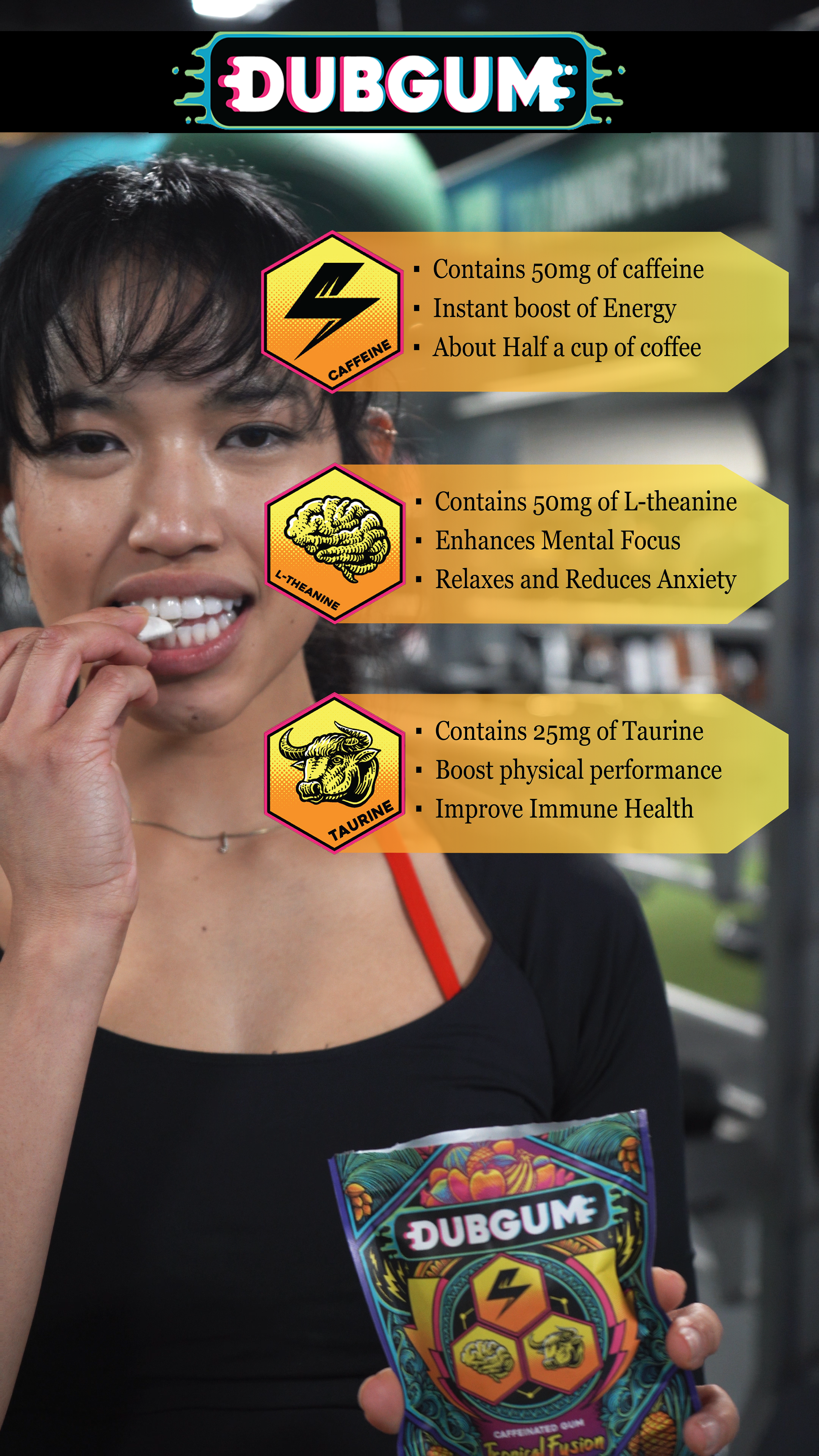 DUBGUM - Tropical Fusion  | Caffeine gum, L-theanine, Taurine, Vitamin B12 and B6, all natural energy boost