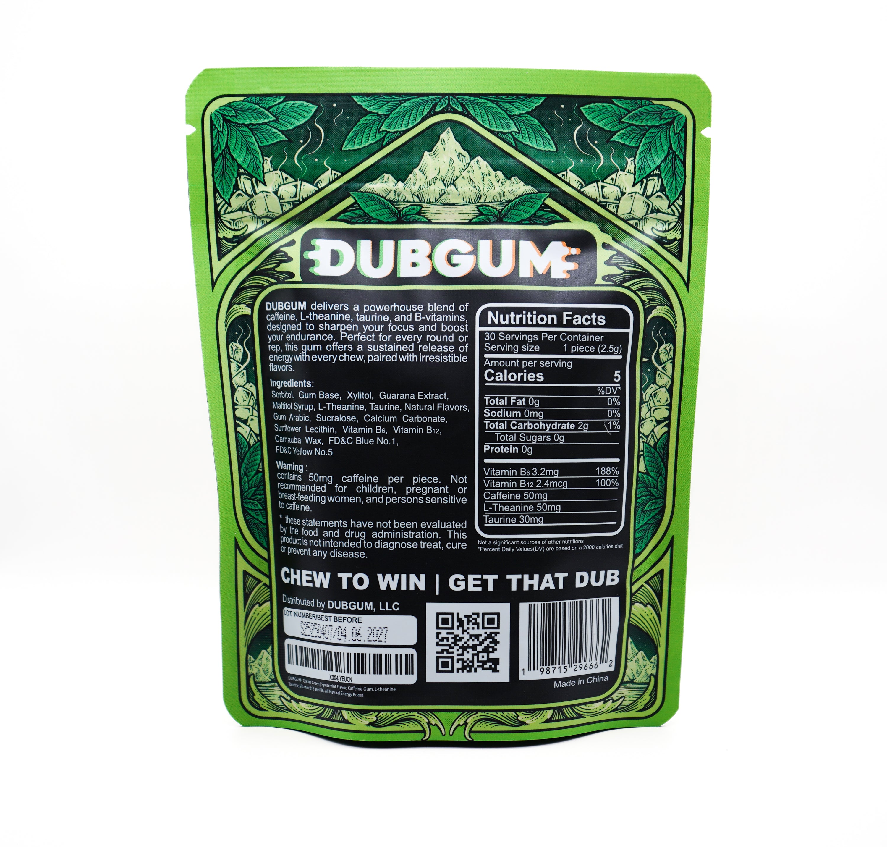 DUBGUM - Glacier Green 3 pack bundle  Spearmint Flavor, caffeine gum, L-theanine, Taurine, Vitamin B12 and B6, Energy boost