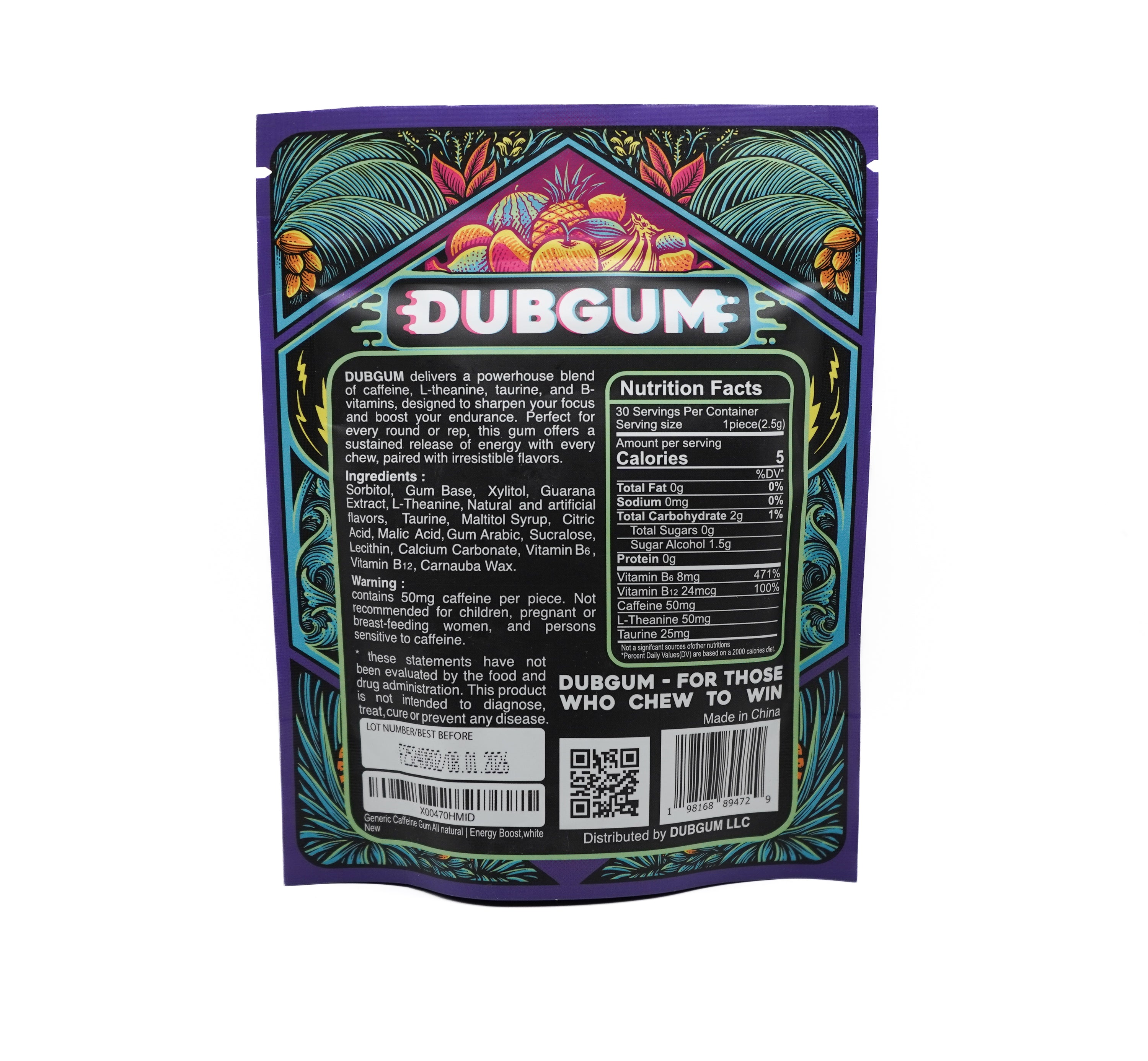 DUBGUM - Tropical Fusion 3 pack bundle, caffeine gum, L-theanine, Taurine, Vitamin B12 and B6, Energy boost