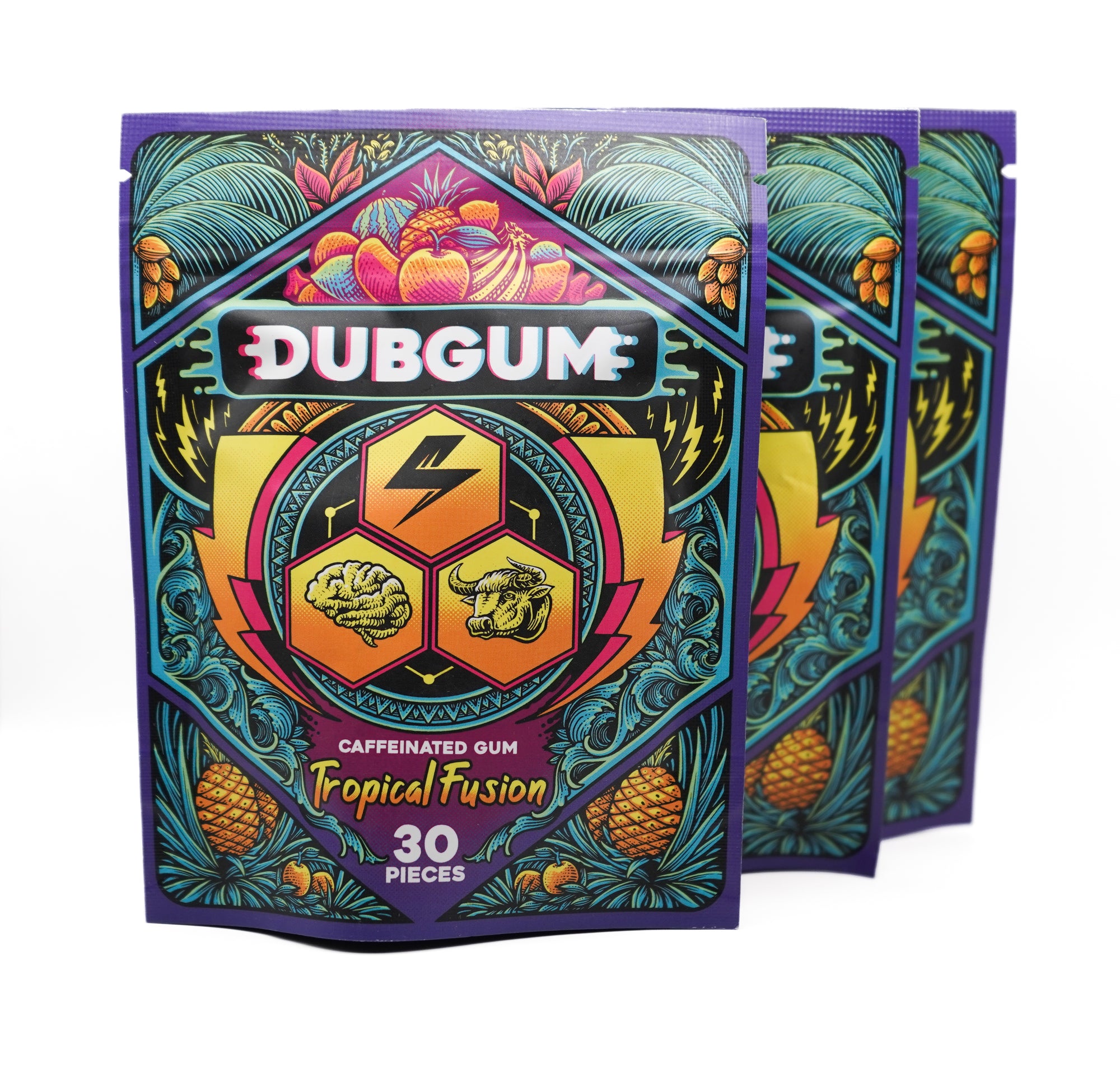 DUBGUM - Tropical Fusion 3 pack bundle, caffeine gum, L-theanine, Taurine, Vitamin B12 and B6, Energy boost