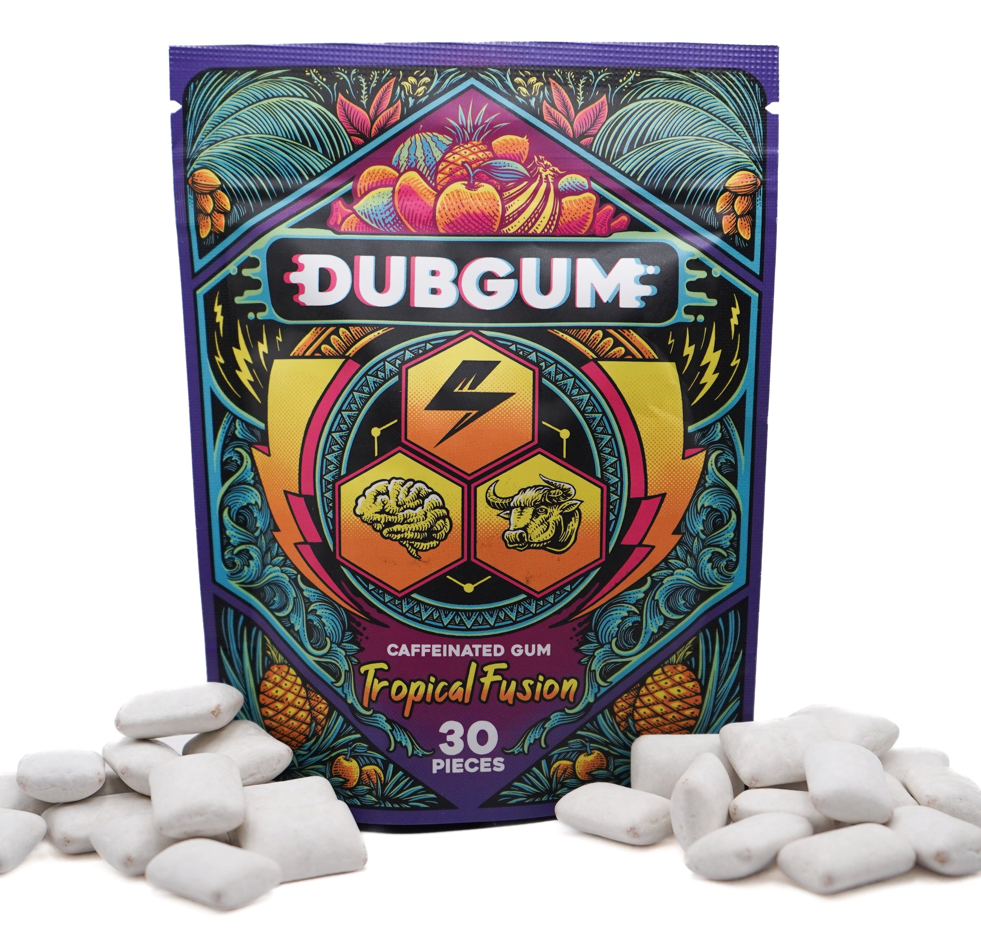 DUBGUM - Tropical Fusion 3 pack bundle, caffeine gum, L-theanine, Taurine, Vitamin B12 and B6, Energy boost