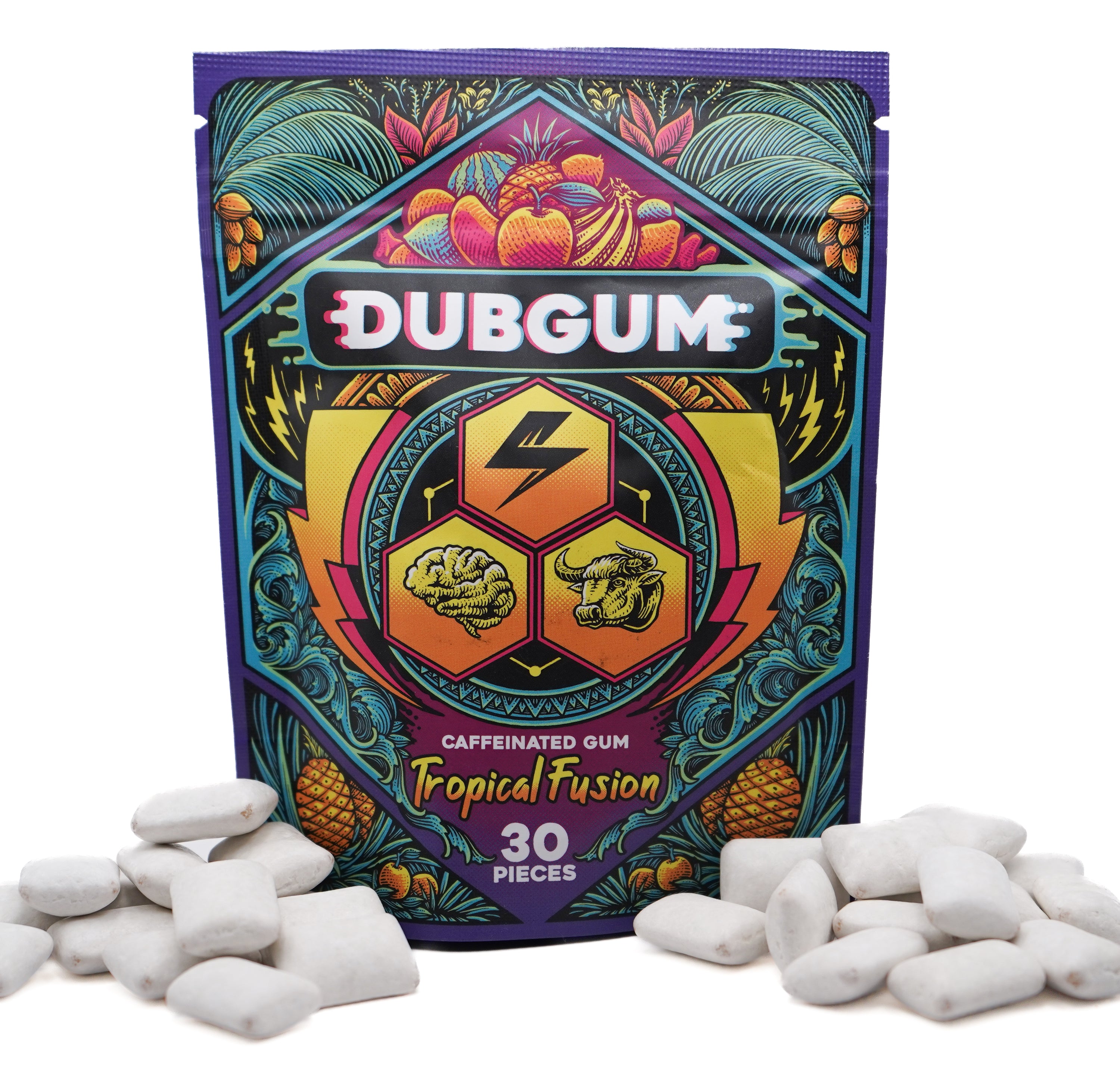 DUBGUM - Tropical Fusion 3 pack bundle, caffeine gum, L-theanine, Taurine, Vitamin B12 and B6, Energy boost