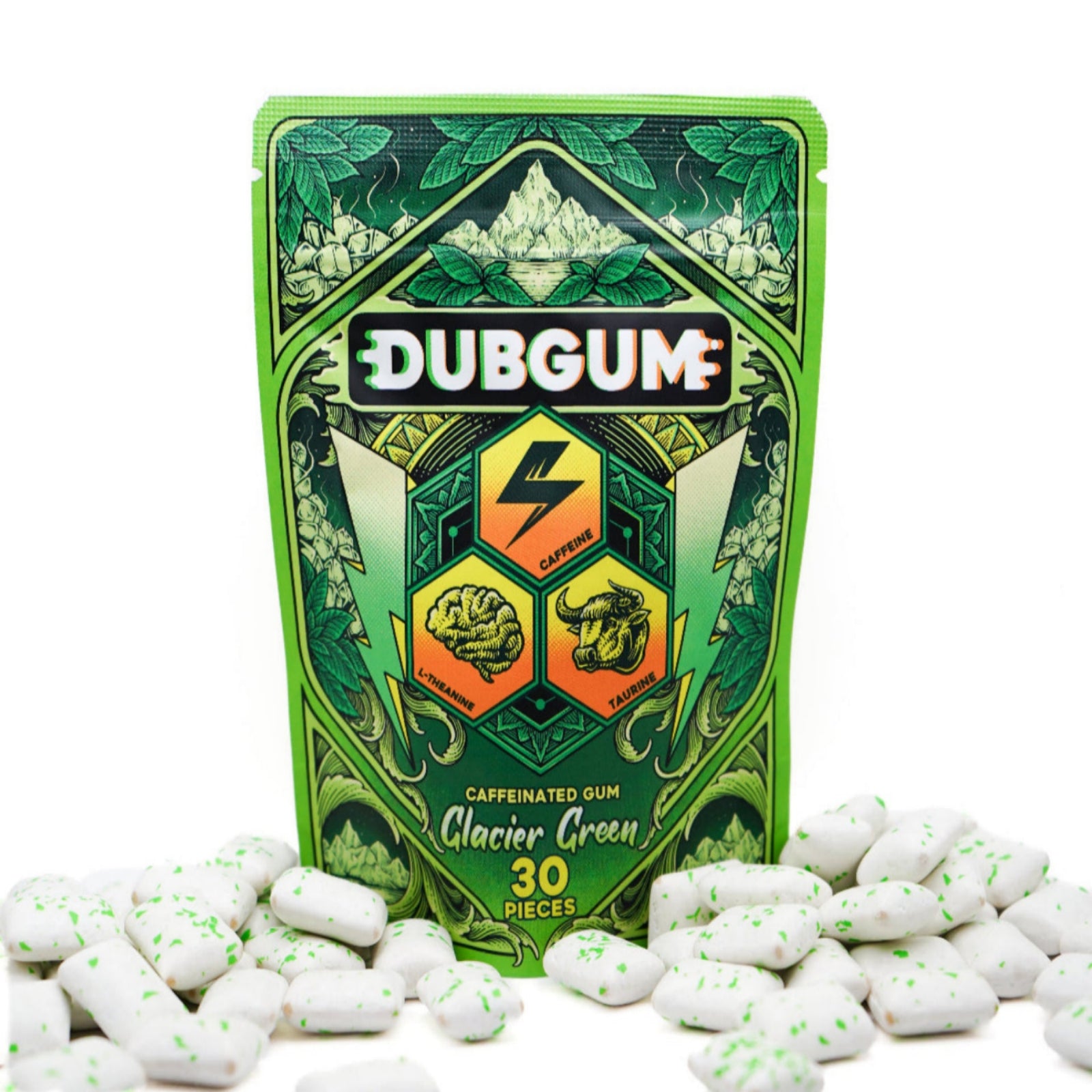 Green packaging of Dubgum caffeinated gum with white and green pieces on a white background