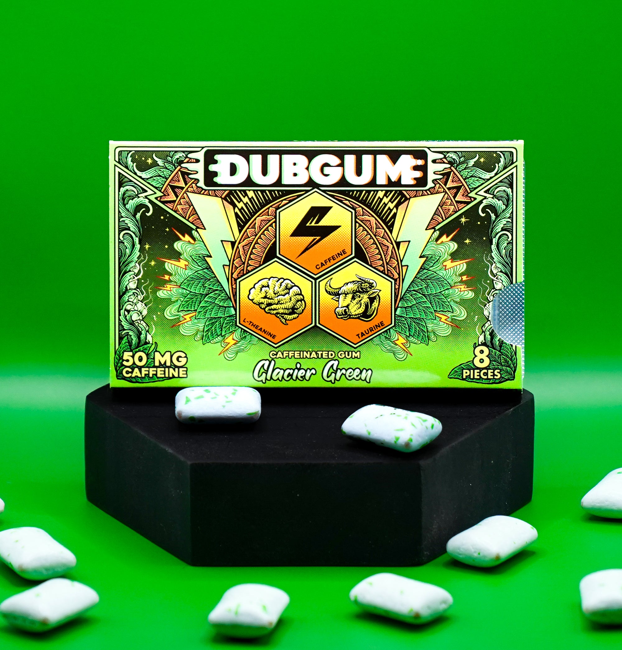DUBGUM Glacier Green – 3 blister pack, Sugar-Free Caffeinated Gum for Focus & Energy