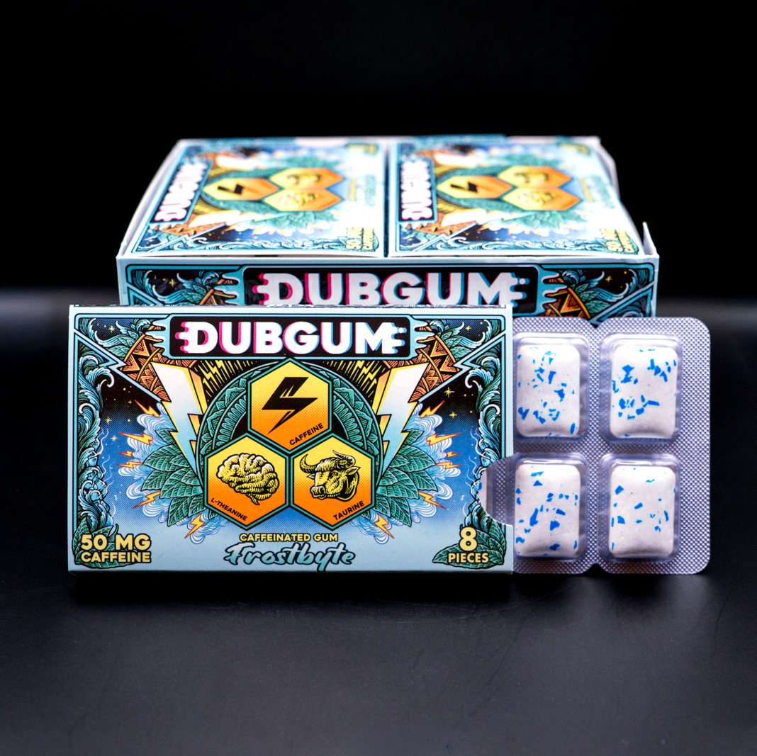 A box of DUBGUM Frostbyte 12 pack peppermint flavor energy gum