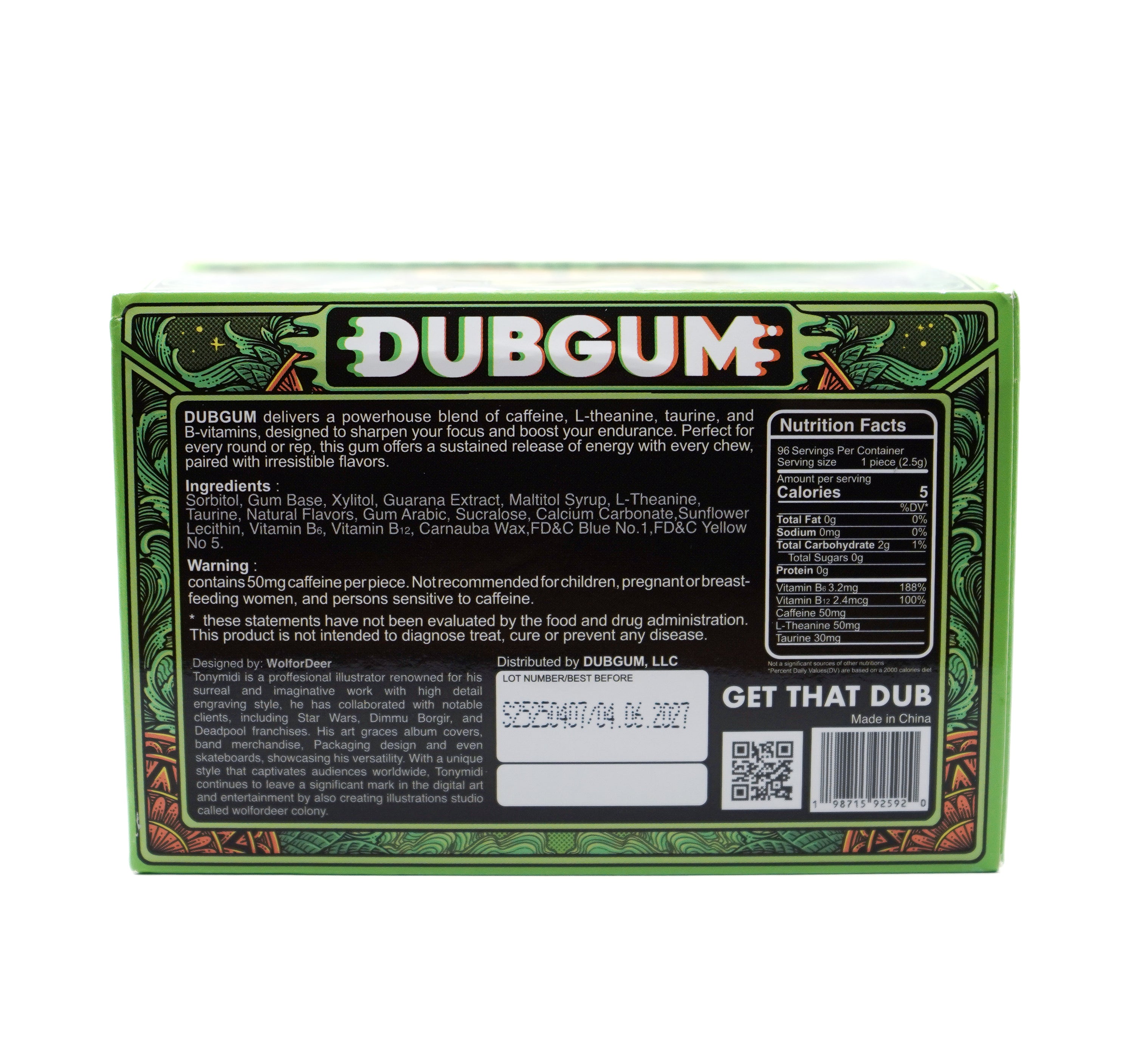 DUBGUM Glacier Green – 12 blister pack, Sugar-Free Caffeinated Gum for Focus & Energy
