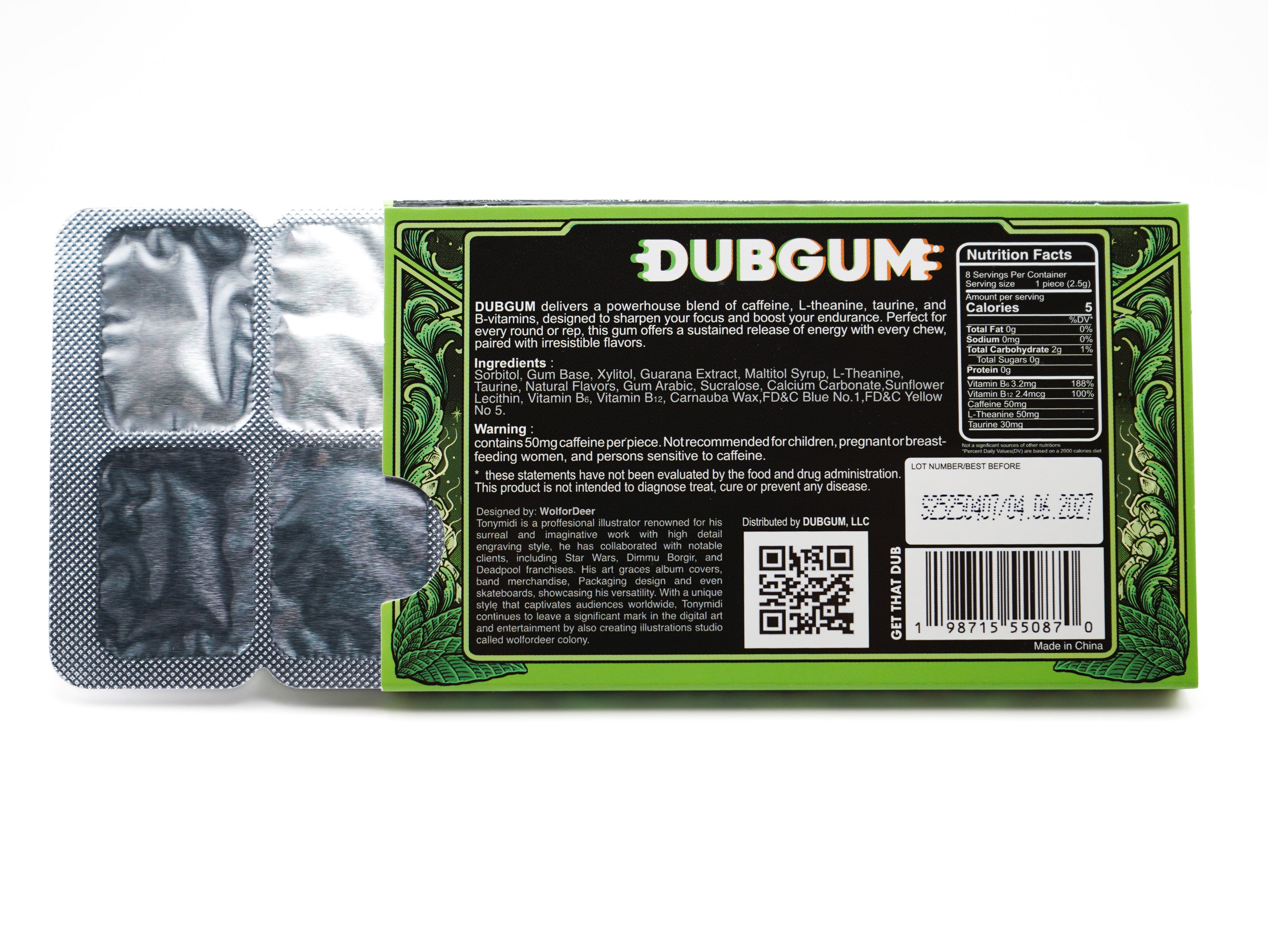 DUBGUM Glacier Green – 12 blister pack, Sugar-Free Caffeinated Gum for Focus & Energy