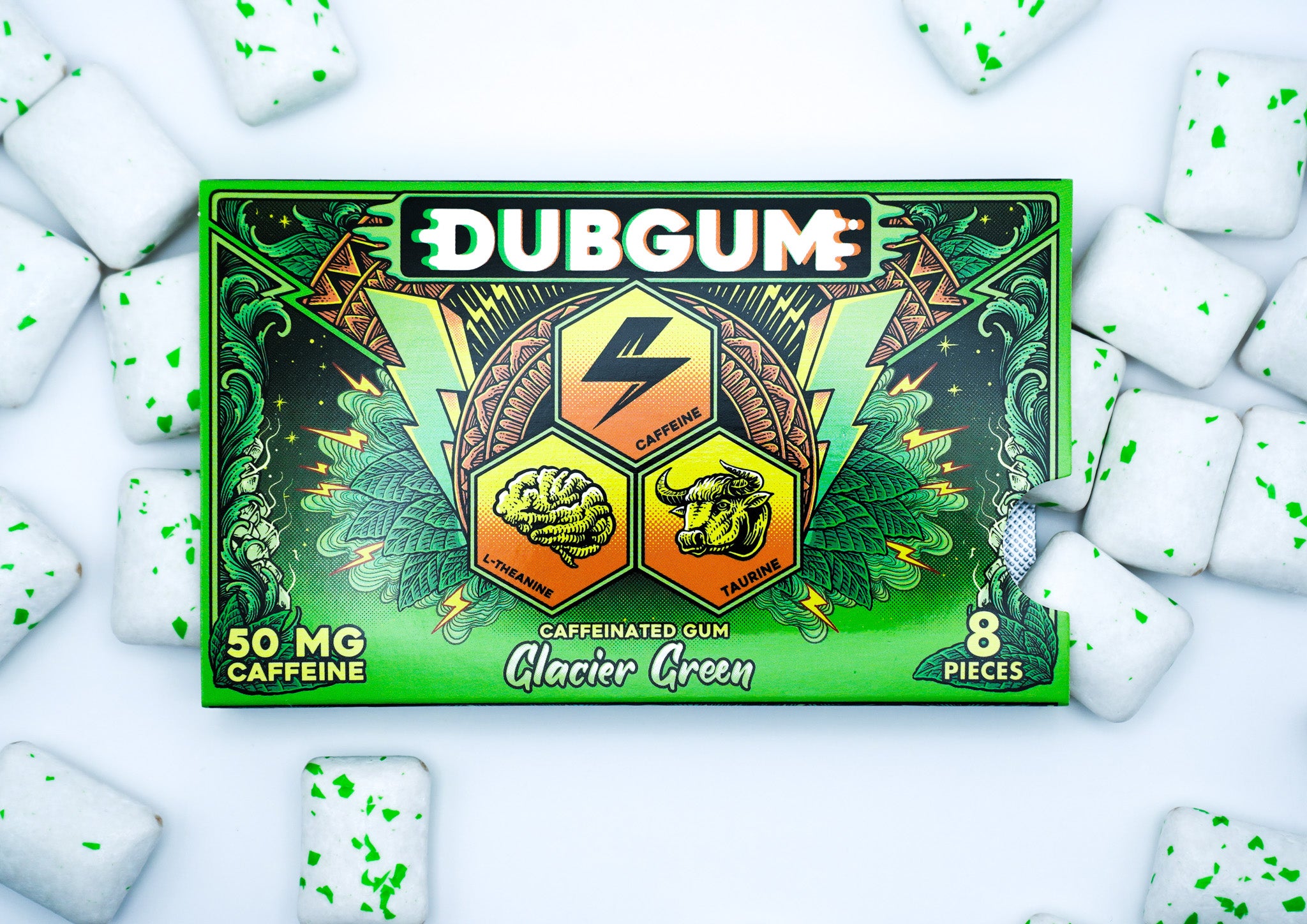 DUBGUM Glacier Green – 3 blister pack, Sugar-Free Caffeinated Gum for Focus & Energy