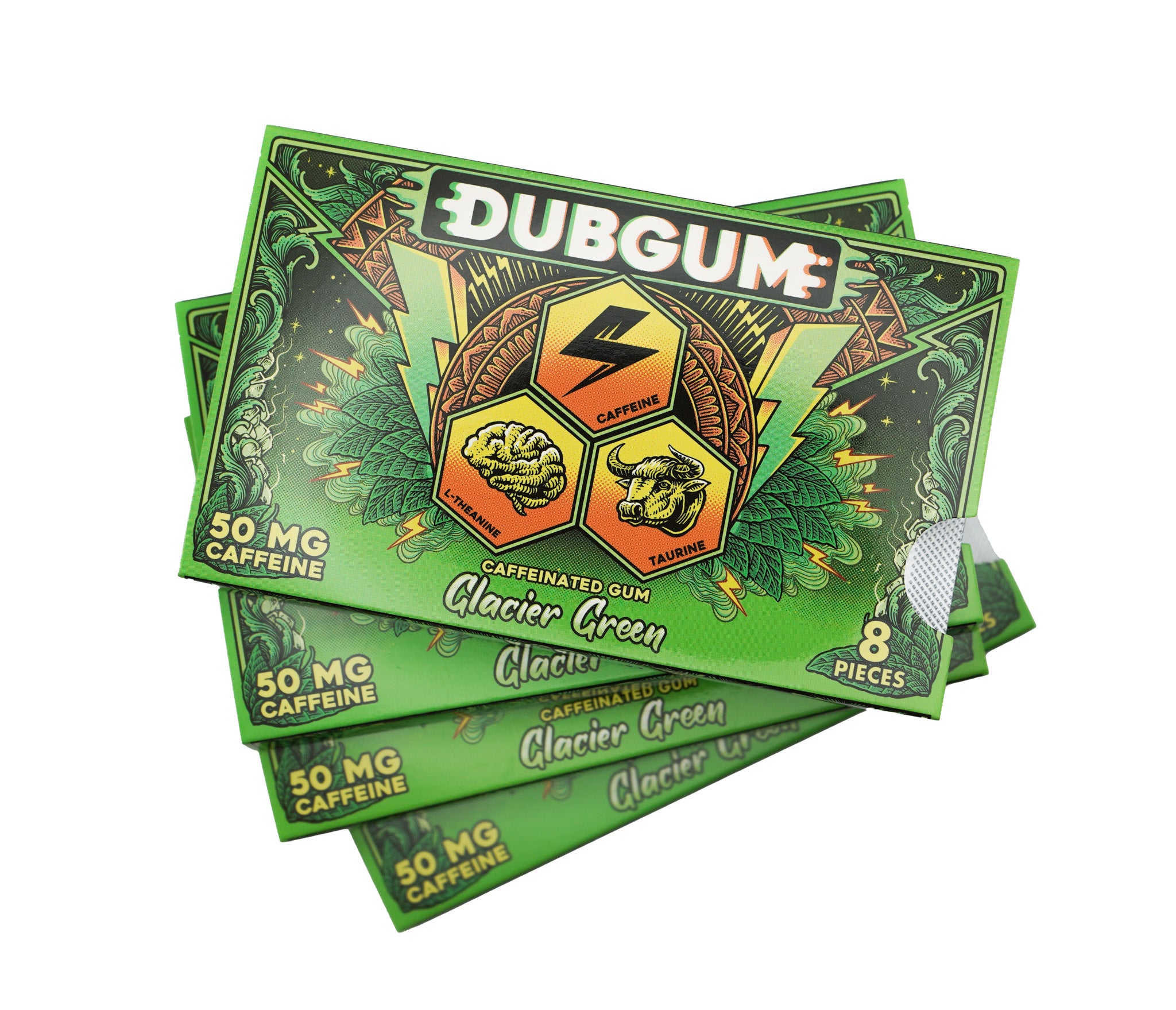 DUBGUM Glacier Green – 3 blister pack, Sugar-Free Caffeinated Gum for Focus & Energy
