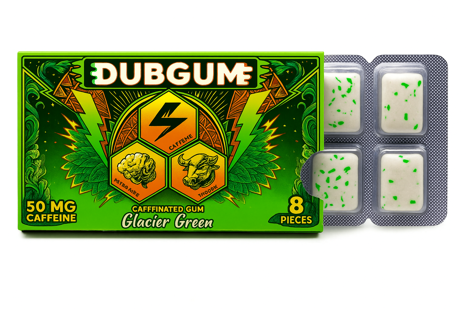 DUBGUM Glacier Green – 12 blister pack, Sugar-Free Caffeinated Gum for Focus & Energy
