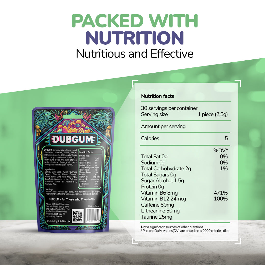 DUBGUM - Tropical Fusion  | Caffeine gum, L-theanine, Taurine, Vitamin B12 and B6, all natural energy boost