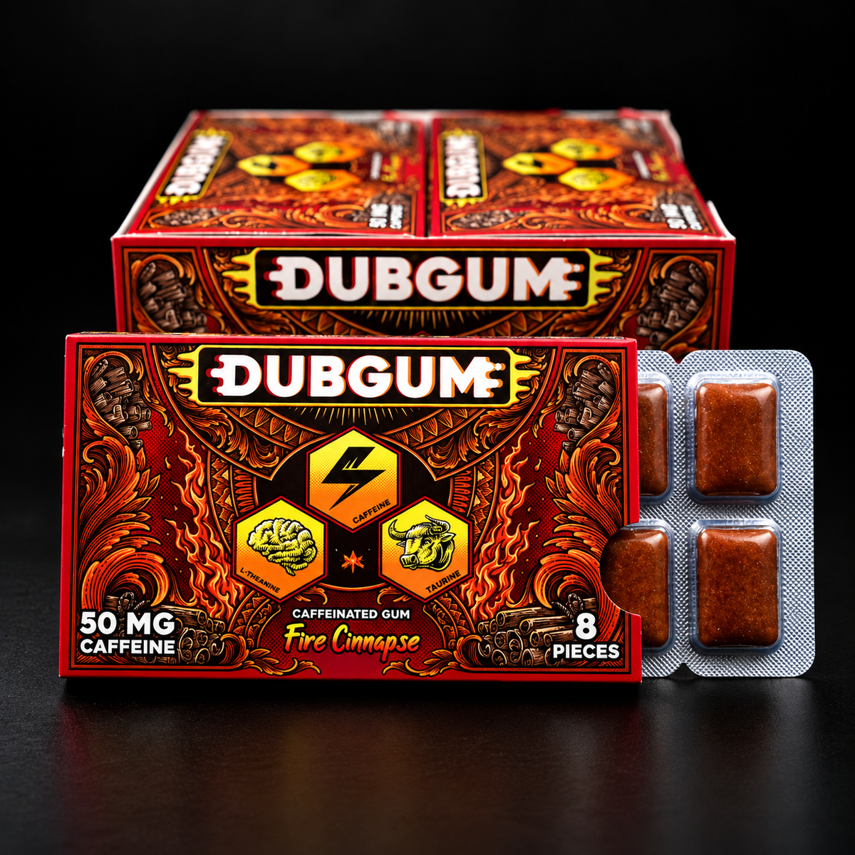 DUBGUM Fire Cinnapse | Cinnamon Flavor  – 12 blister pack, Sugar-Free Caffeinated Gum for Focus & Energy