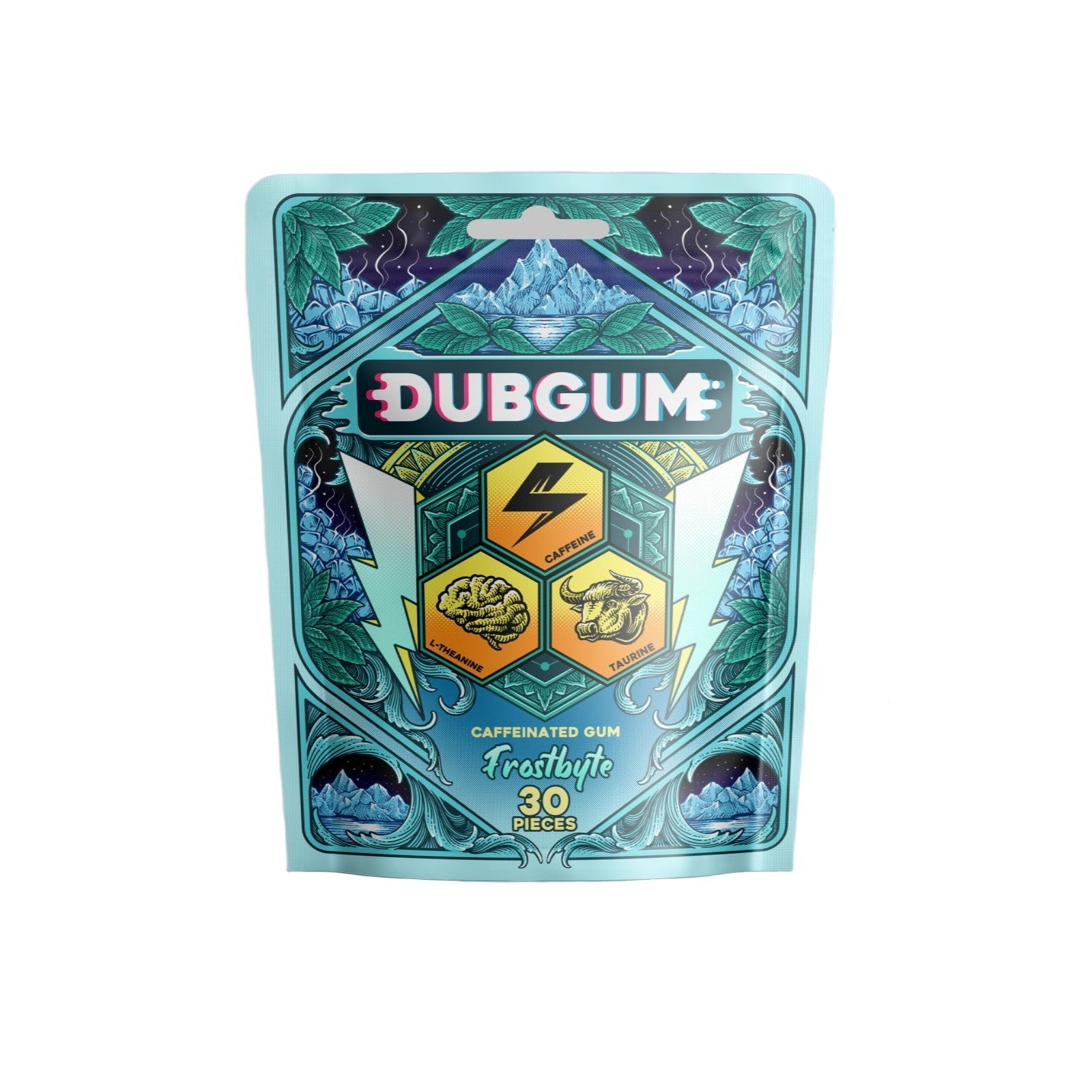 Packaging of DUBGUM  frostbyte, peppermint chewing gum, featuring the product name and branding with a colorful design.